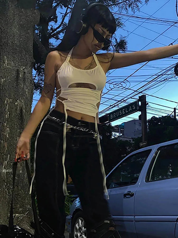 Y2K Sexy Backless Summer Crop Top Women Hollow Out White Sleeveless Bandage Halter Tank Tops Streetwear Cami 90s