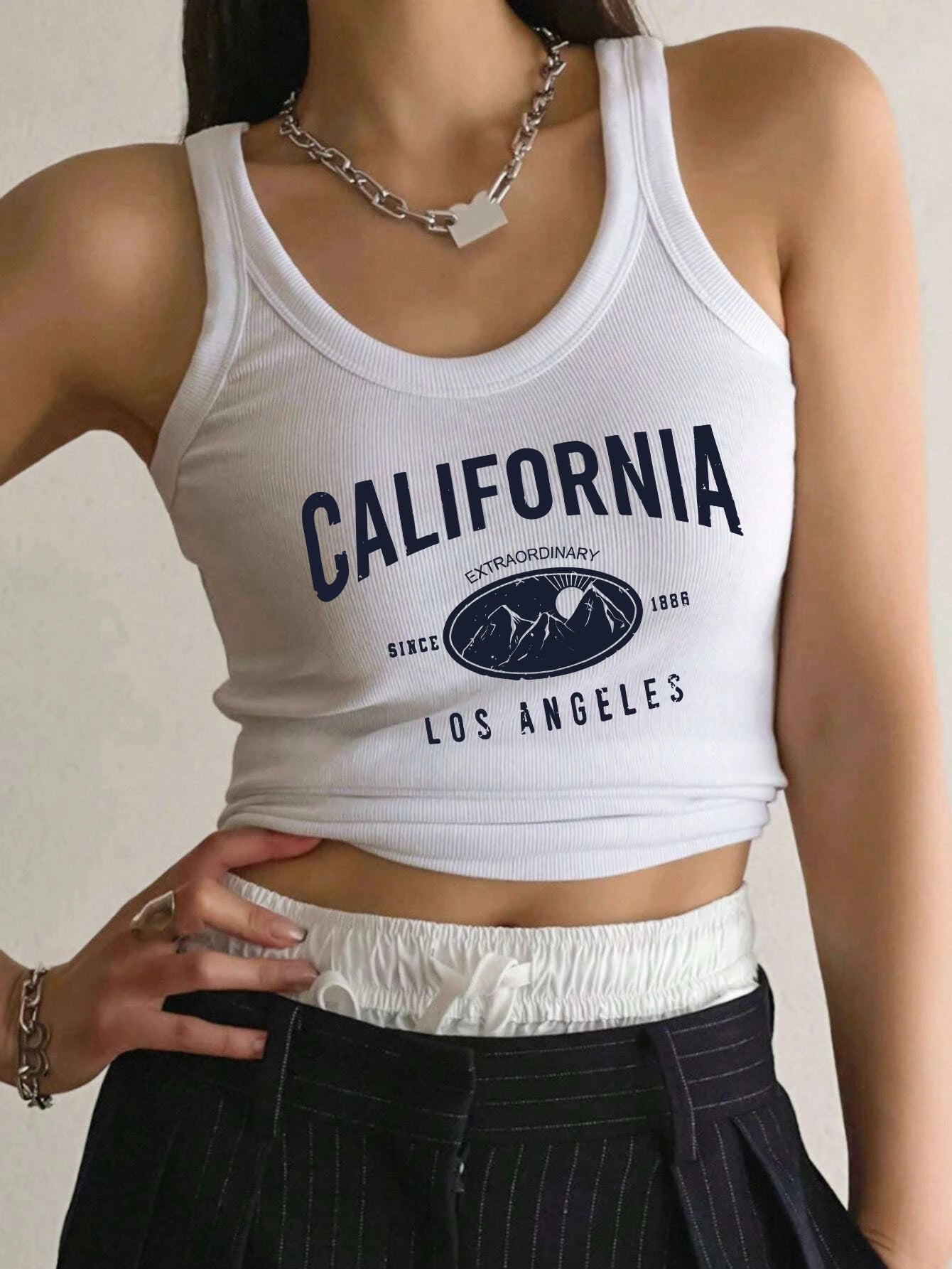 California Los Angeles Prints Tank Top Summer Women Sleeveless Tight Ribbed Female Cotton Knit Vest Straps Casual Street Clothes White