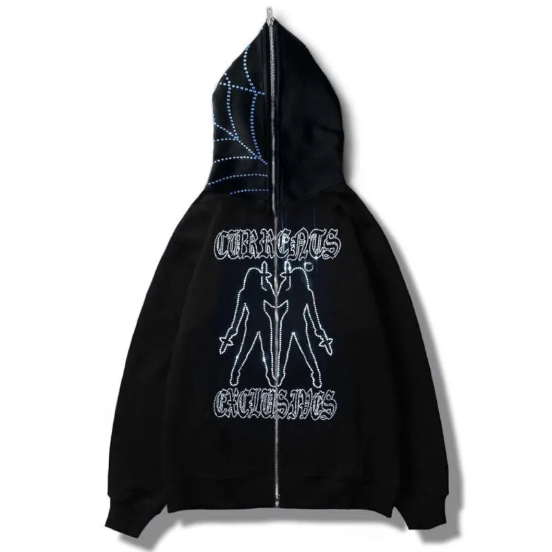 Y2K Rhinestone Cobweb Zip Up Oversized Sweatshirt 2022 Autumn Goth Hoodie Men Women Grunge Hooded Jacket Streetwear Y2K Clothing nz652
