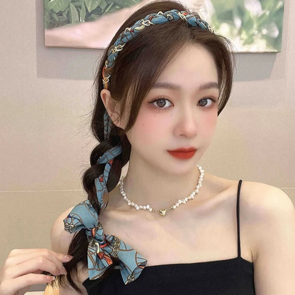 Retro Silk Scarf Headband Floral Print Pearl Braided Hairband Adjustable Bow Non Slip Ribbon Hairband for Women Girls Kid