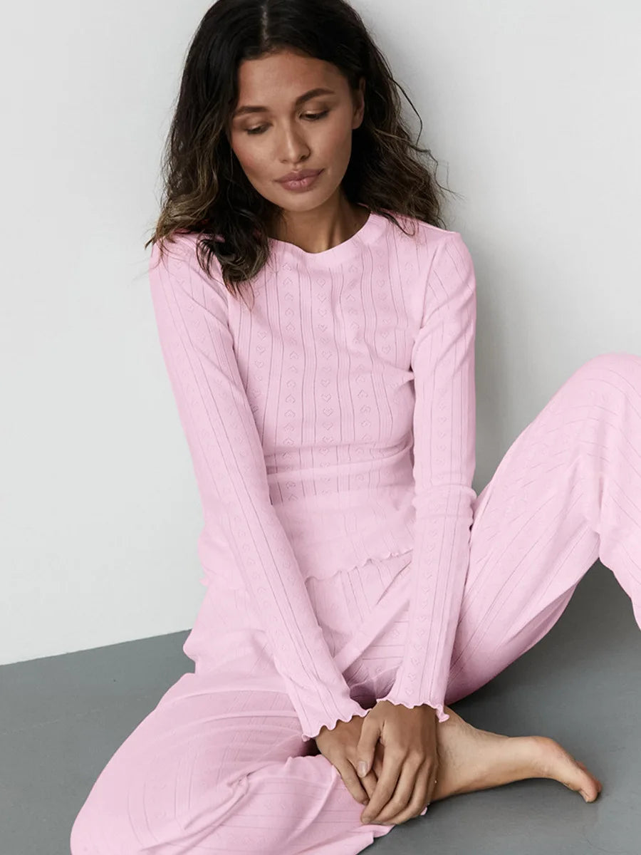 Mozuleva Love Jacquard Long Sleeved Pajamas Set Women's Spring Knitted Cardigan Pants Pajamas Comfortable Women Home Clothes Pink