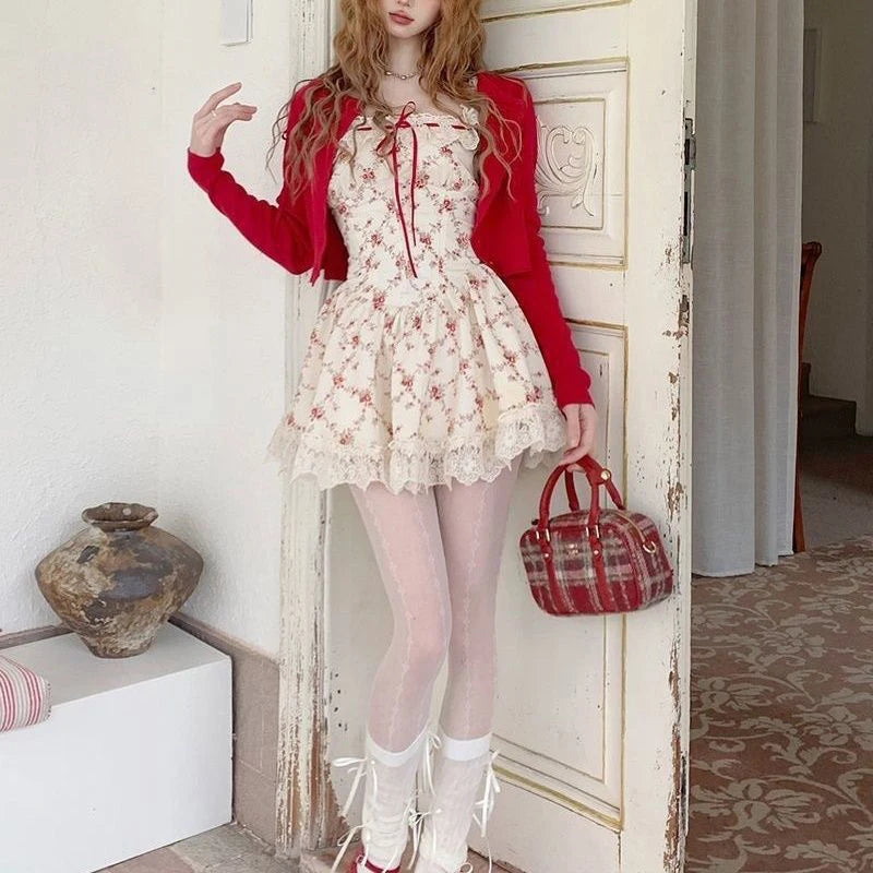 Y2K Sweet Floral Dress Set Woman Casual Red Short Cardigan Elegant Lace Mini Dress Female Korean Prairie Chic Clothing Suit