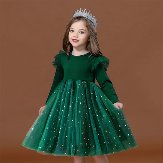 2025 Red Christmas Dress for Baby Girls Winter Long Sleeve Mesh Dresses for 3-8Yrs Kid Star Sequin Birthday Party Princess Dress