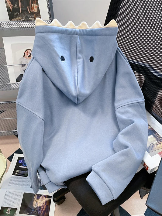Hikigawa Chic Fashion Women Shark Hooded Sweatshirts Outerwear Autumn New Vintage Casual All Match Hoodies Coats Tosp Mujer