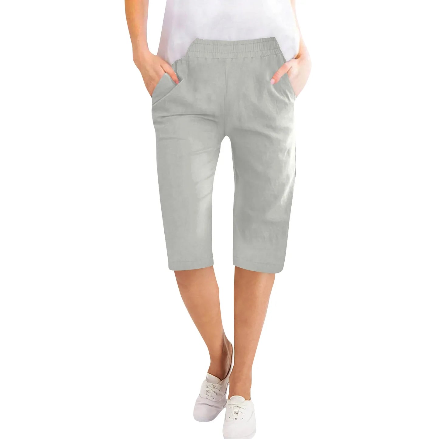 Womens Capris Cotton Linen Pants Drawstring Elastic Waist Pants Casual Cropped Trousers Daily Breeches Five Half Pants Pantalone Gray