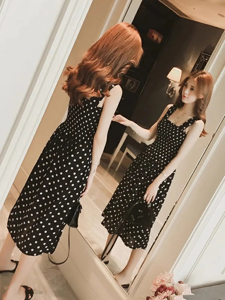 Women Summer Sleeveless Dot Dress Sexy Backless A-Line Spaghetti Strap Beach Style Dresses Camisole Off-Shoulder Folds Vestidos Badiee Stylez