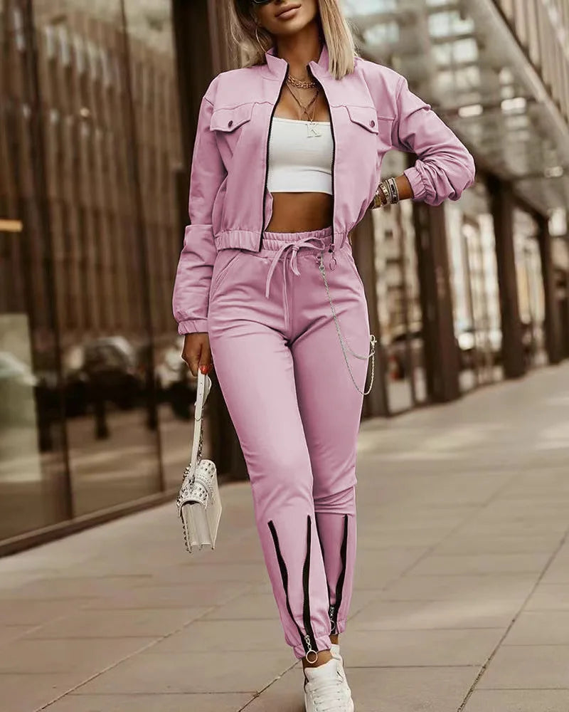 Women's Spring Summer New Fashionable Zipper Design Long Sleeve Top+Drawstring Pants Casual Two Piece Pants Set Pink