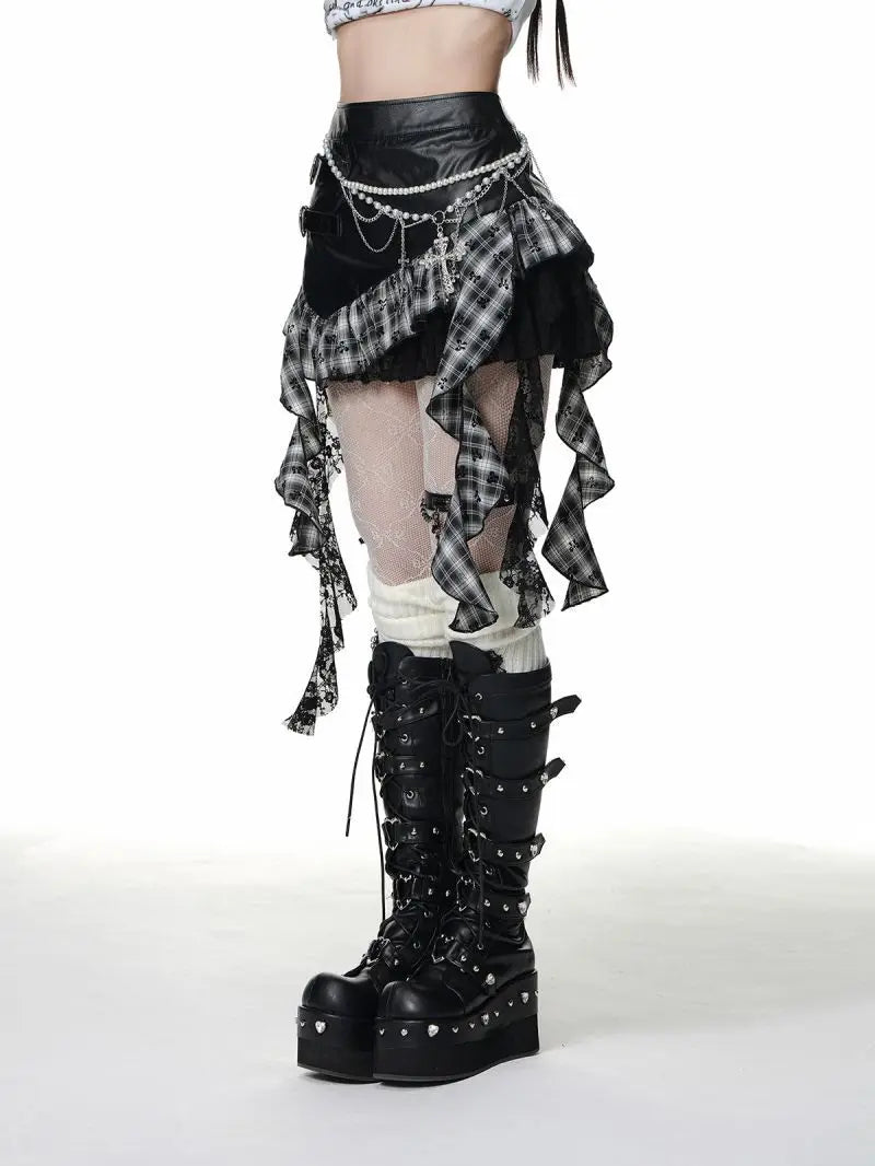 Retro Harajuku Gothic Style Leather Splicing Short Skirt for Women Y2K Lace Hem Mini Pleated Skirt Autumn Street Cool Girl