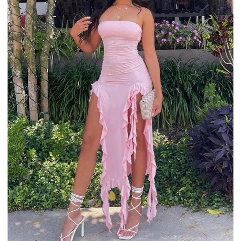 Women Strapless Sexy Floral Fold Hemline High Slit Mini Dress 2024 Solid Backless Sleeveless Black And Pink Party Dress Vestidos pink