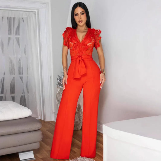 Women Lace See Though Patchwork Short Sleeve V-neck Jumpsuits Summer Vacation One Piece Set Streetwear Fitness Jumpsuit Badiee Stylez