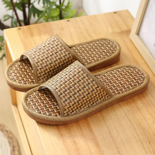 Bamboo Rattan Grass Summer Home Couple Wholesale Street Stall Indoor Thickened Soft Bottom Wooden Floor Home Linen Slippers