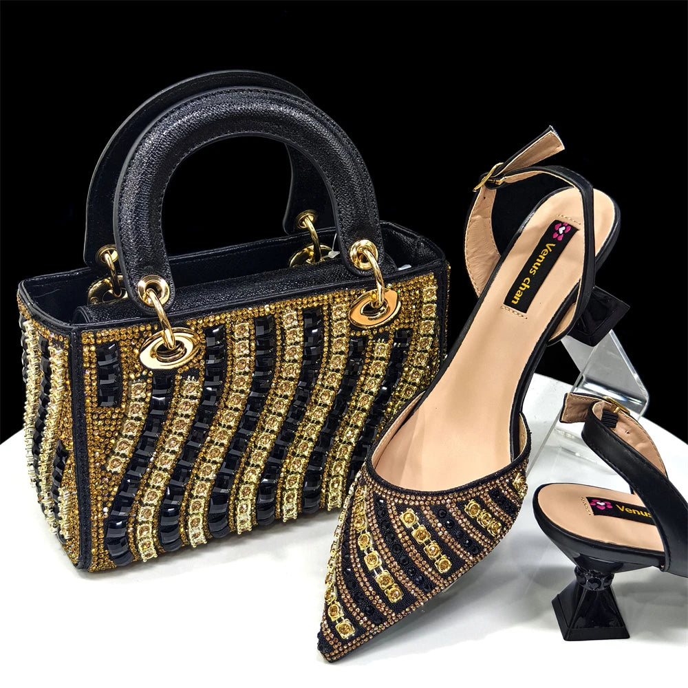 2025 Luxurious Italian Women's Party Shoes & Bag Set – Elegant Golden Rhinestone Spring/Summer Sandals with Pointed High Heels f BLACK