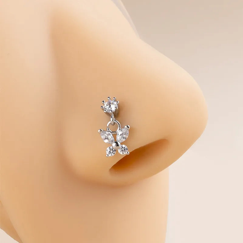 1Pcs Stainless Steel Piercing Nose Studs Crystal Zircon Butterfly Pendant Nose Ring Nail Goth PIERC Body Jewelry For Women 20G