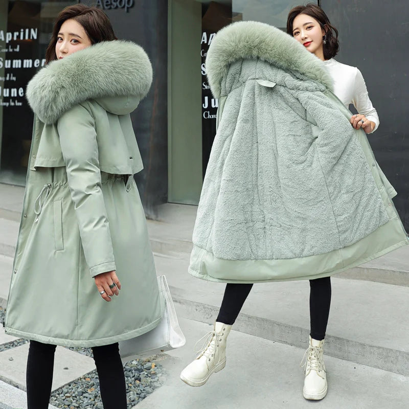 Thiened Fce Women's Cotton Jaet Korean Sle Slim Fit Mid-Length Parka Coat Warm Casual Outerwear for Winter Season