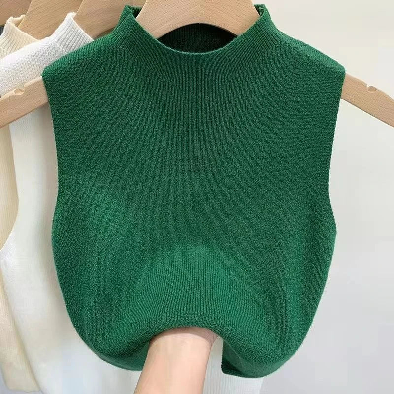 Knitted Top Women Y2K Tank Top Half Neck Vest Female Sleeveless Sweater Chic Streetwear Solid Skinny Tube Top Summer 2025 blackish green One Size