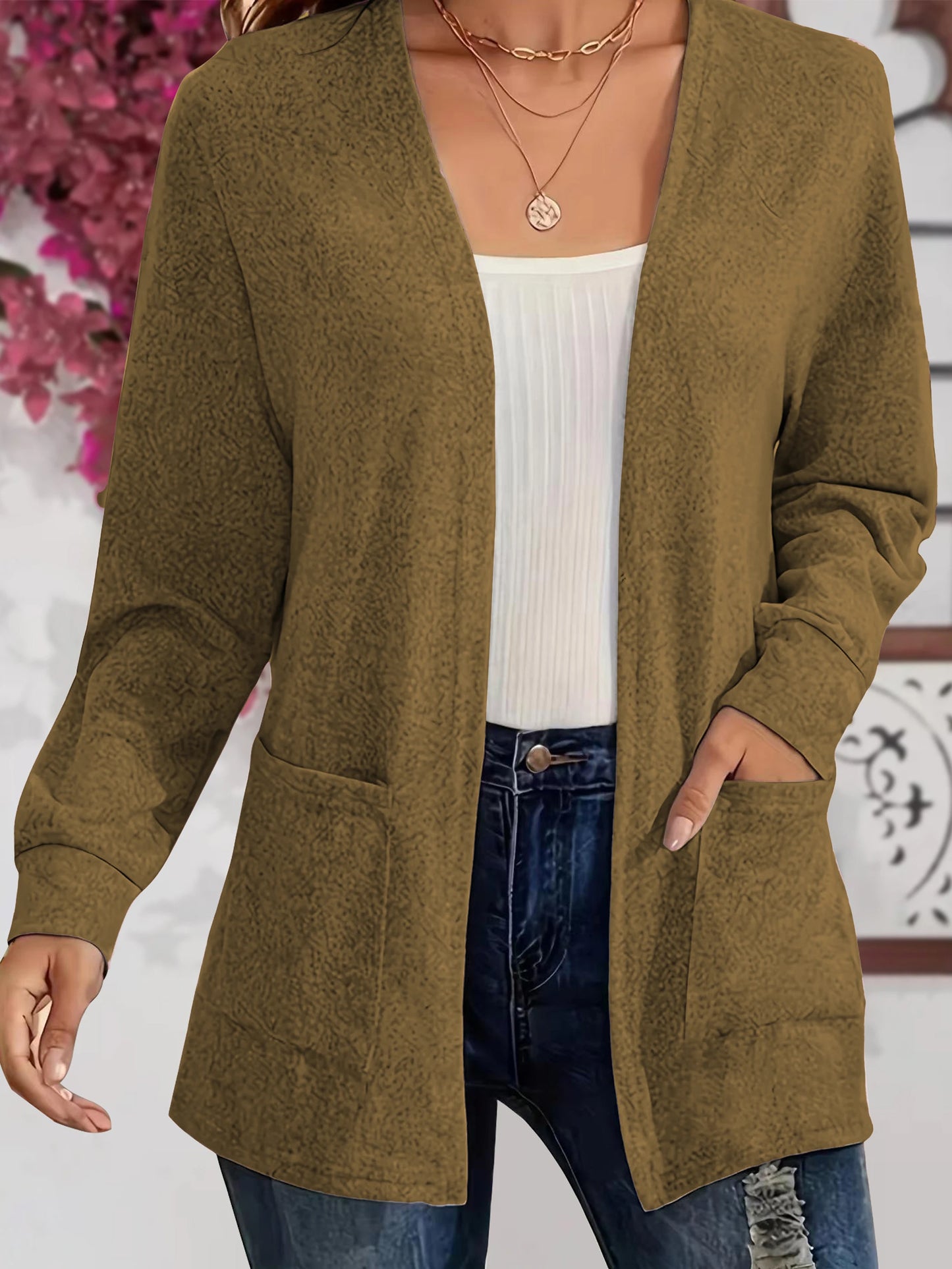 Autumn chic casual solid color pocket thin plus size women's jacket cardigan Khaki