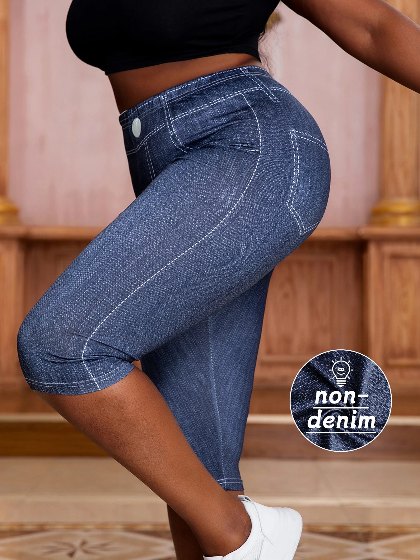 Plus-size Women's capri Leggings in Imitation Denim Pattern for Fashionable and Casual Wear High Stretchability for Active Short