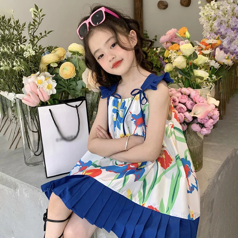 Girl Suspender Fluffy Dress Korean Style Summer Kids Flowers Printing Beach Princess Skirt Girls Breathable Knee-Length Dress