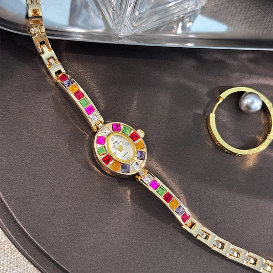 Color zircon advanced sense diamond set women's watch niche bracelet bracelet Small exquisite quartz watch cross-border hot sale
