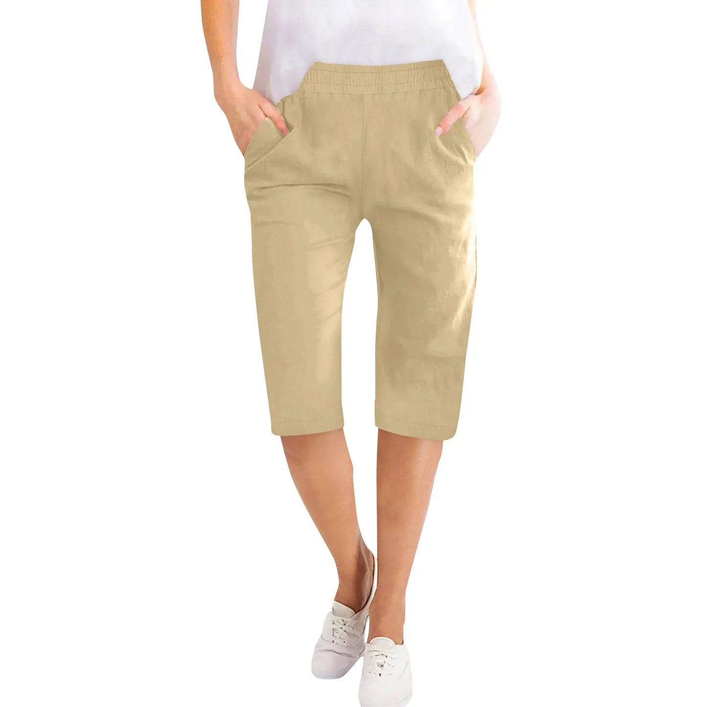 Womens Capris Cotton Linen Pants Drawstring Elastic Waist Pants Casual Cropped Trousers Daily Breeches Five Half Pants Pantalone Khaki
