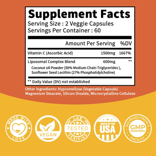 Liposomal Vitamin C Capsules - Promotes Collagen Production, Supports Skin, Immune Health, Powerful Antioxidant