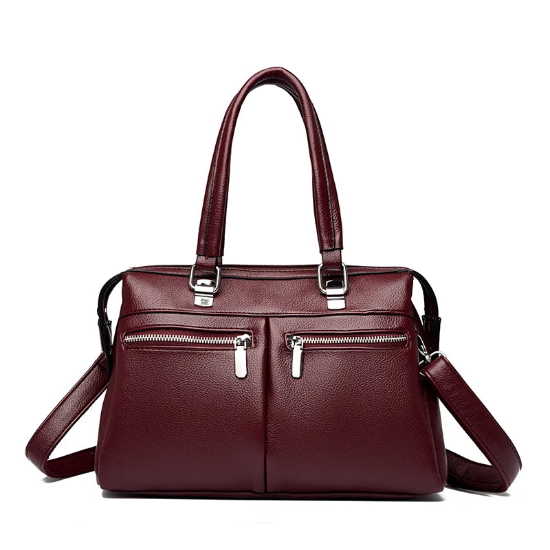 Two Pockets Genuine Brand High Quality Leather Casual Tote Luxury Handbags Women Bags Designer Shoulder Hand Bags for Women Sac Burgundy