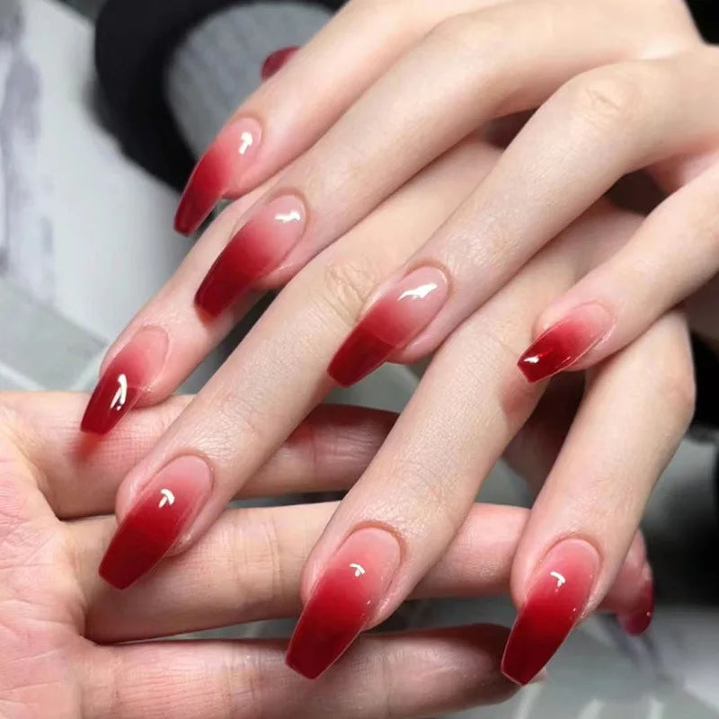 Red Black Gradient Press on Nails Medium Length Coffin Fake Nails with Sticky Tabs Ballerina False Nails Tips for Women 24Pcs Y-11