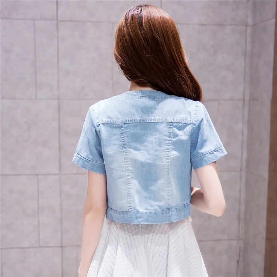 2023 Spring/Summer New Denim Jacket Women's Korean Casual Slim All-Match Short Crop Sleeve Short Sleeve Denim Button Up Top