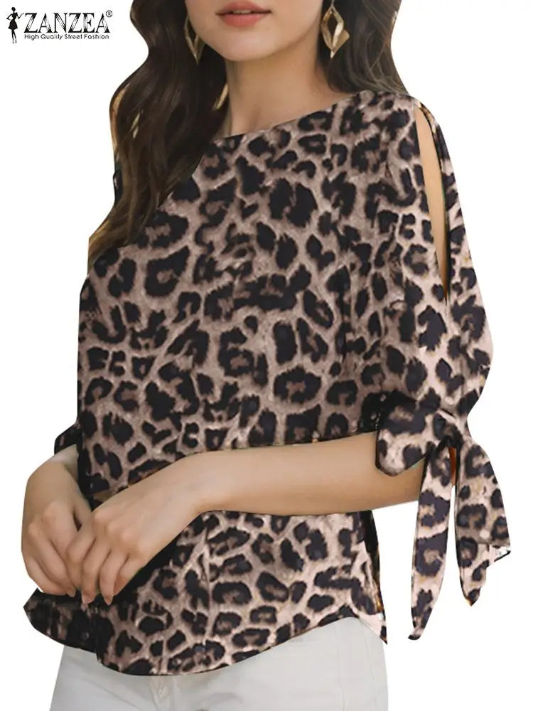 ZANZEA Summer Leopard Printed Blouse Women Elegant Half Sleeve Work Shirt Fashion Lace Up Holiday Tops Bohemian Stylish Blusas