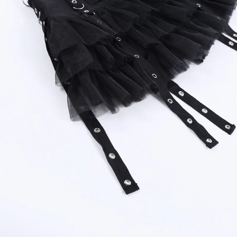 Y2K Street Dark Devil Cloth Strip Pleated Skirt Metallic Buckling Lace Layer Cake Short Skirt Women‘s High-end Design Sex Skirt