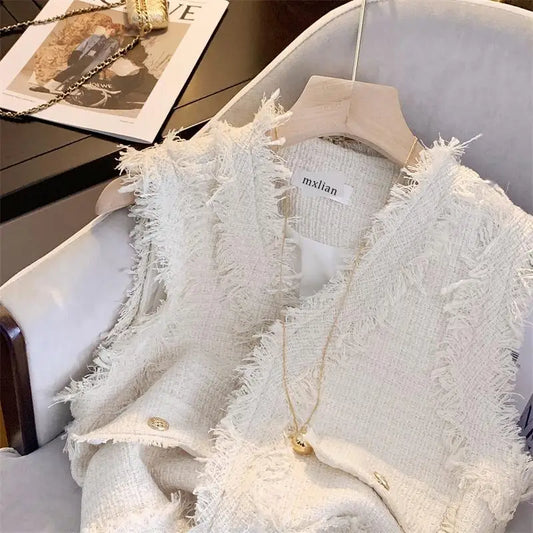 Chalecos Mujer French Fragrant Style Sleeveless Short Coat Black Tassel Vest Women Vintage Crop Top Colete Waistcoat 2024