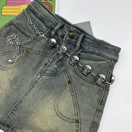 Punk Skull Silver Waist Chain Belt Female Gothic Designer Belts For Women Rock High-end Luxury Brands Metal Y2K Waistband Badiee Stylez