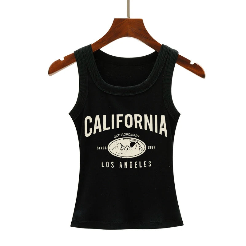 California Los Angeles Prints Tank Top Summer Women Sleeveless Tight Ribbed Female Cotton Knit Vest Straps Casual Street Clothes Black