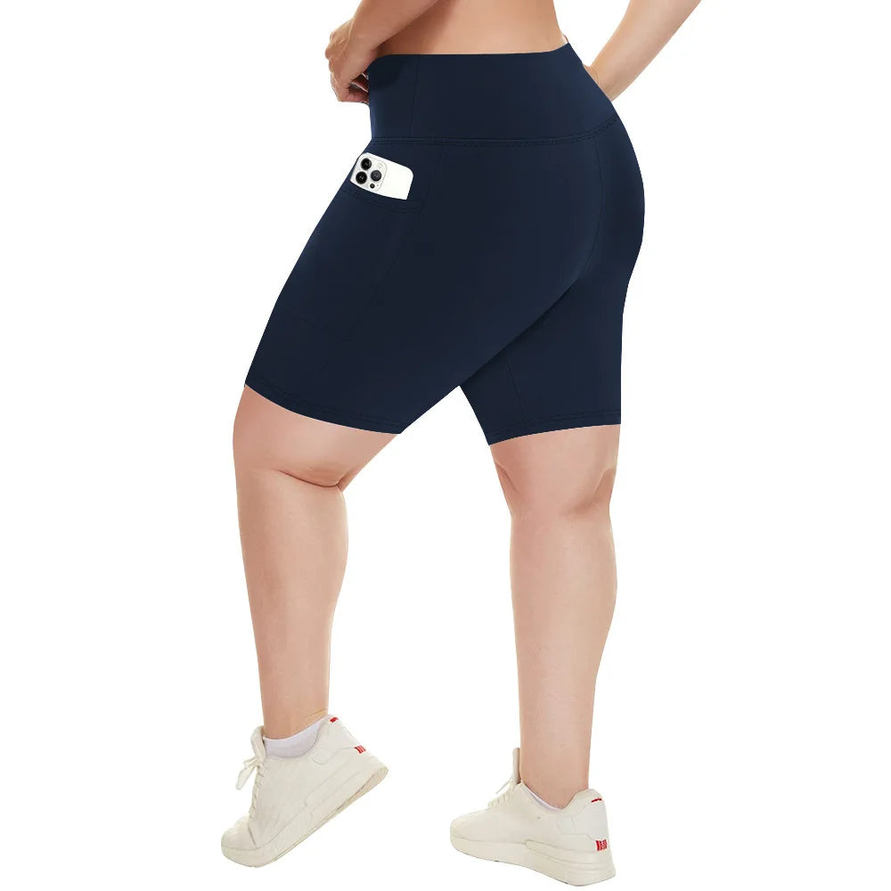 Plus Size Fit Yoga Shorts for Women's High Waist Side Pocket Workout Running Tight Stretchy Athletic Summer Fashion Slim Shorts Navy Blue