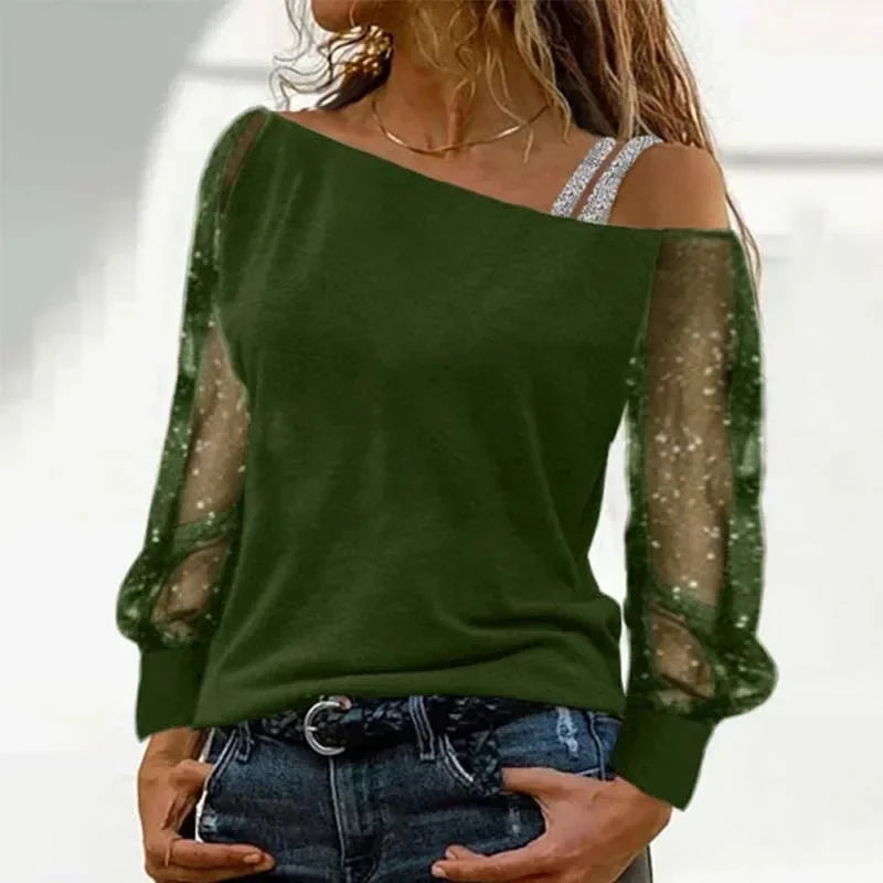 Fashion Slash Neck T Shirt Women Perspective Shiny Long Sleeves Tees Silver Strap Off Shoulder Pullover Streetwear Tops green