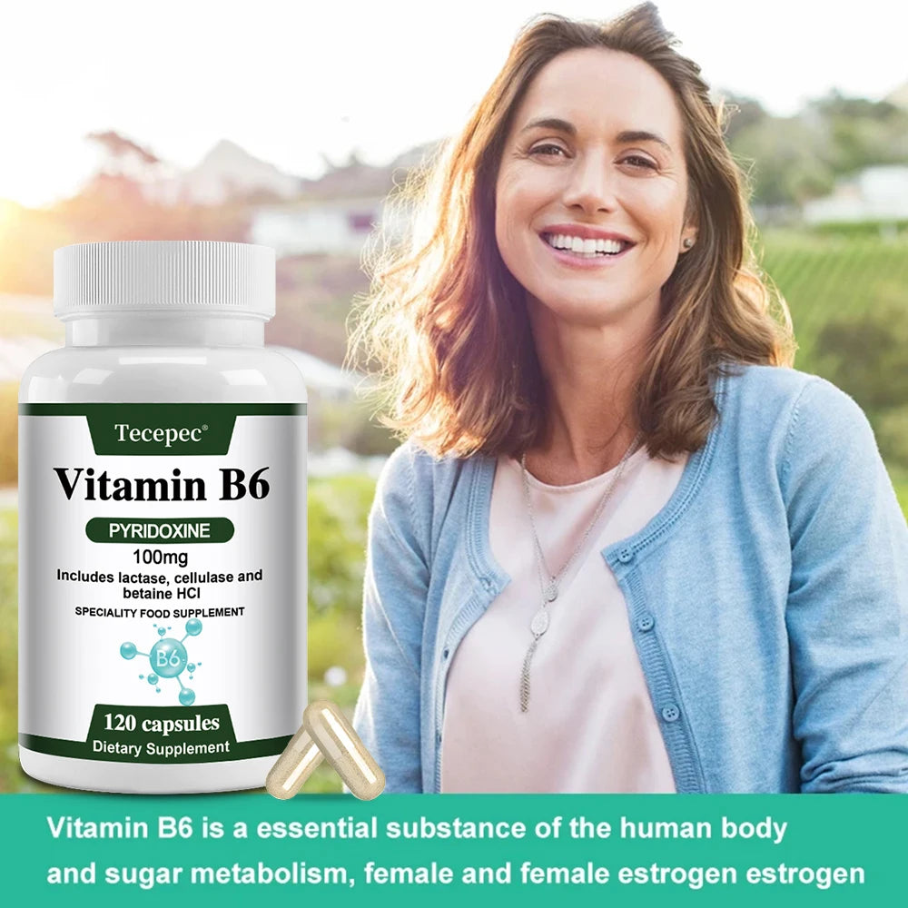 Vitamin B6, 100 Mg, with Lactase, Cellulase, and Betaine for Mental and Physical Energy, Brain Health, Heart Health, Non-GMO