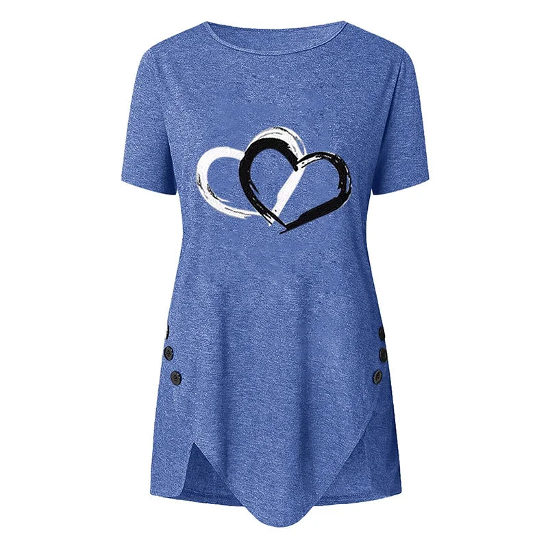 Women's Short-sleeve Heart Printed T-shirt Summer Casual Loose Long Top Tee Shirt Clothing Fashion T Shirt Streewear Oversized