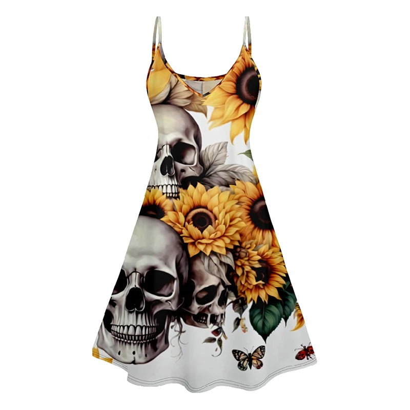 Dressfo Women's Summer Dresses Halloween Rose Injured Skull Print Hem V Neck Dress O Ring Straps Sleeveless A Line Tank Dress Multi-A
