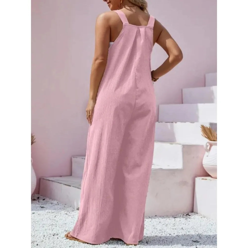 Plus Size New Women's Summer Solid Color Jumpsuit Elegant High Waist Casual Long Jumpsuits