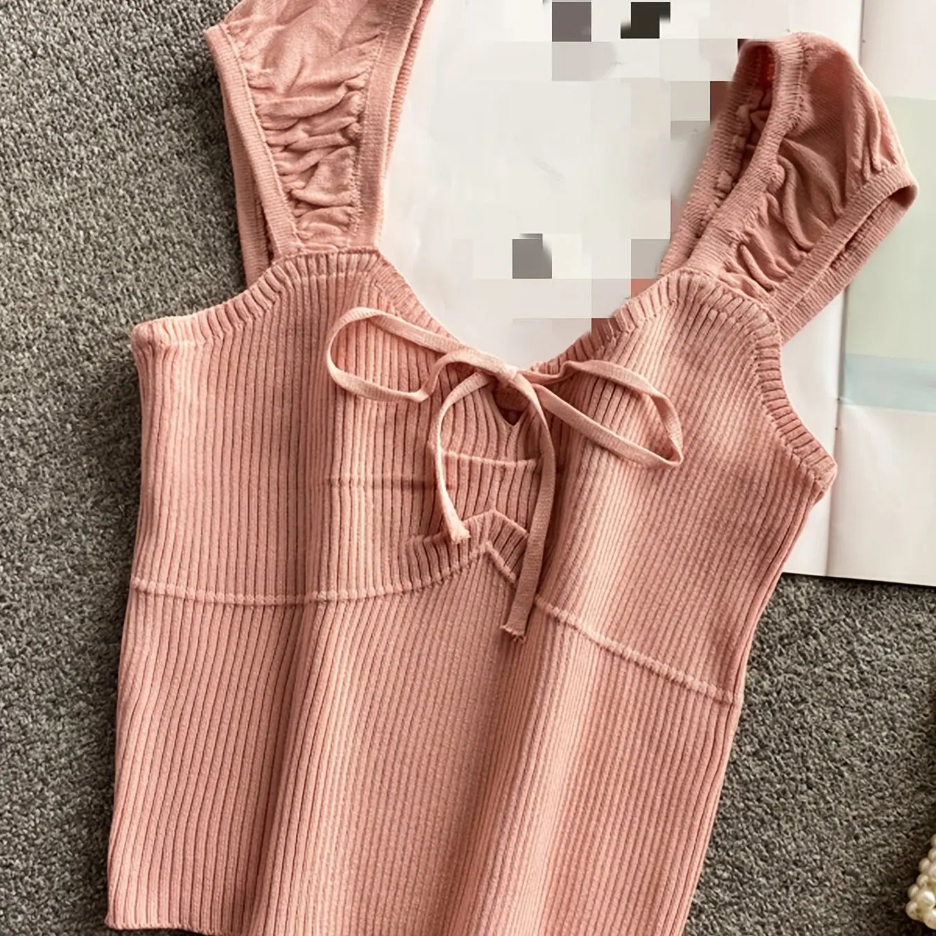 2024 Solid Color Ribbed Knotted Tank Top Casual Round Neck Tank Top For Spring & Summer Women's Clothing Knit Crop Top Coral One Size