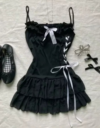 Casual Women's Dress Summer Streetwear Bow cute Lace Grunge vintage Harajuku Emo Girls Slim Sexy Fashion Women's suspender Skirt Dark Brown