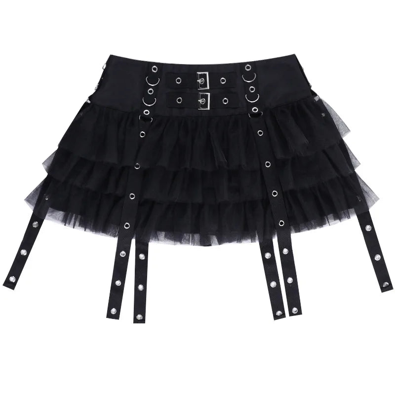 Y2K Street Dark Devil Cloth Strip Pleated Skirt Metallic Buckling Lace Layer Cake Short Skirt Women‘s High-end Design Sex Skirt