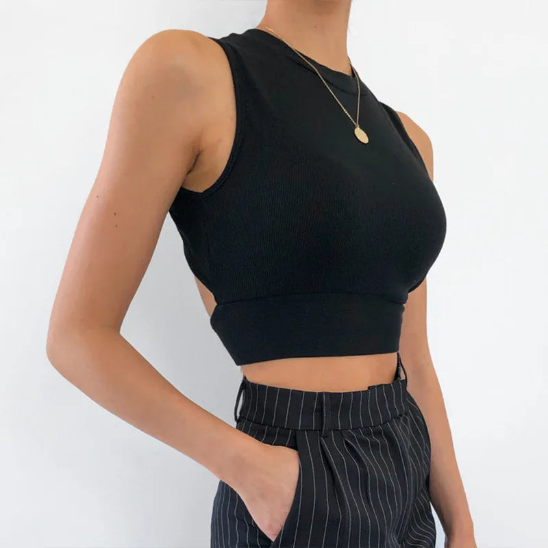 Sexy Backless Women Tank Top Bandage Slim Crop Top Summer 2024 Casual Streetwear Tops Solid Cotton Soft Criss Cross Top black