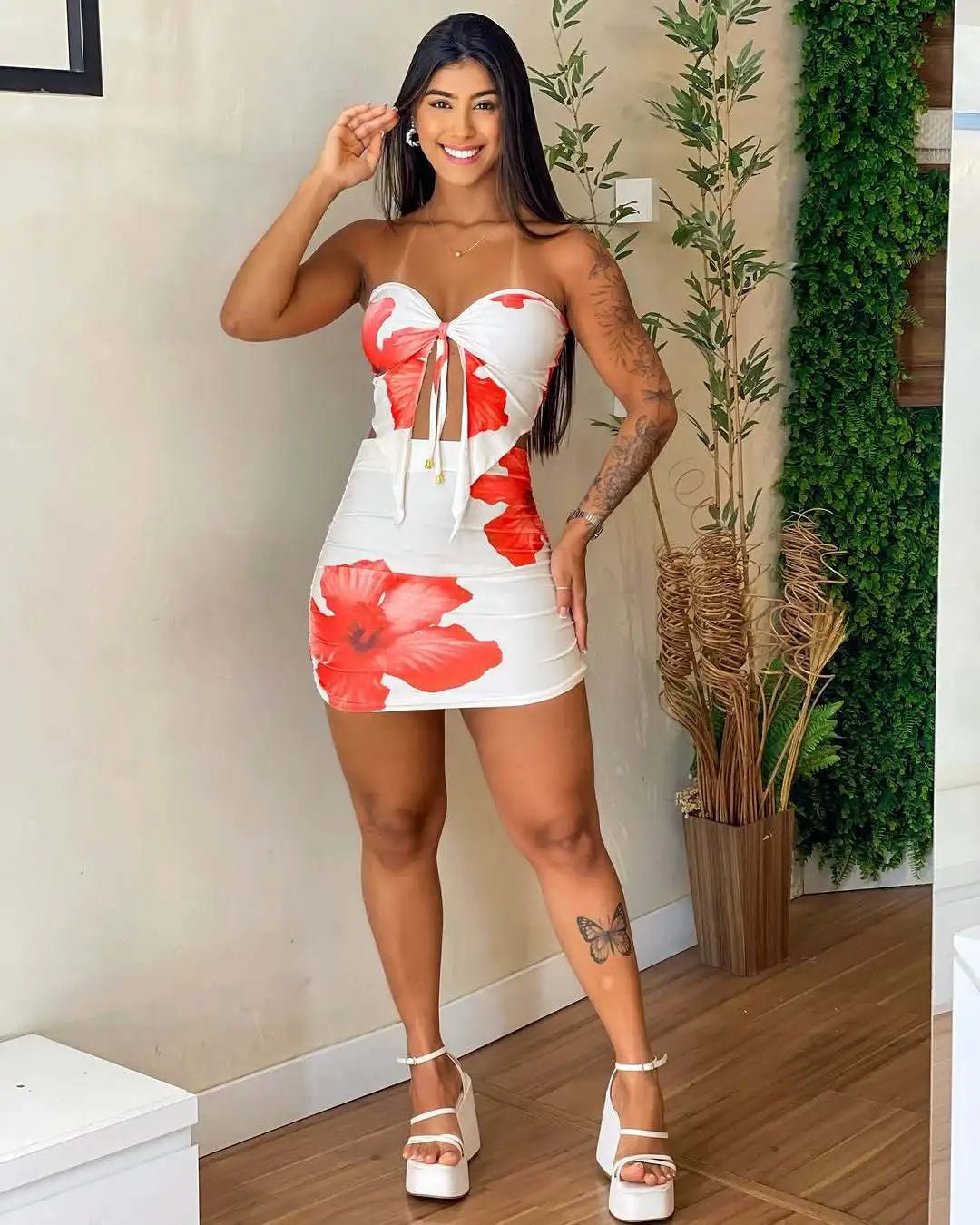 2 Piece Set Women's Floral Print Split Strapless Sleeveless Top & Mini Shorts Pants Set Summer Sexy Red