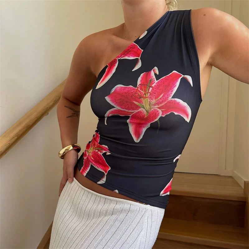 Xingqing One Shoulder Tank Top for Women Floral Print Sleeveless Backless Vest Cropped T Shirt y2k Aesthetic Clothing Streetwear
