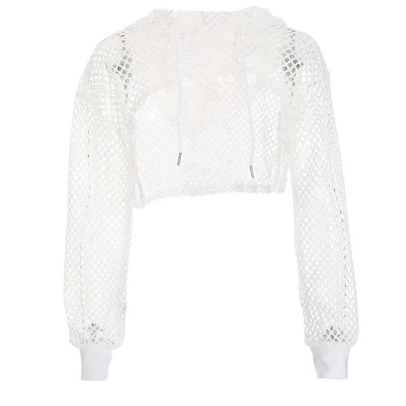CIBBAR Street Style Fishnet Holes T Shirt See Through Hollow Out Hooded Full Sleeve Crop Top Women Casual Loose Shirt Smock Fall WHITE