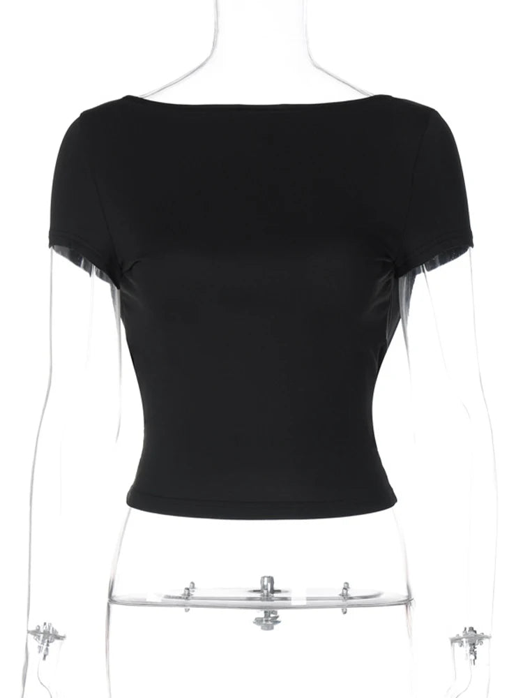 O Neck Short Sleeve Backless Ruched Crop Top Women'S Tshirt Y2K Streetwear Summer Spring Dropshipping Casual Clothing