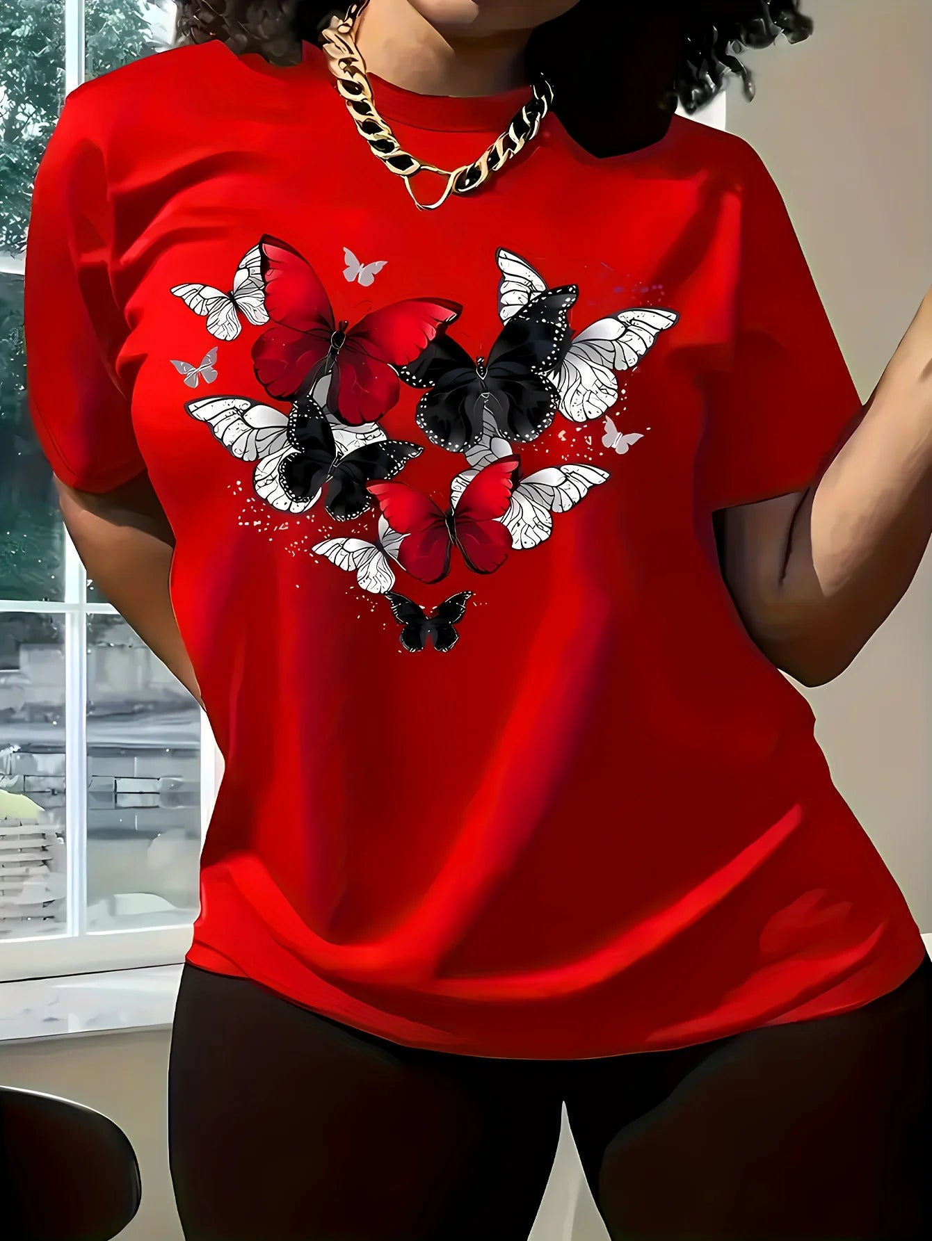 Women's Red Butterfly Heart Print T-Shirt Short Sleeve Round Neck Casual Top for Spring Summer & All-Season Wear Badiee Stylez