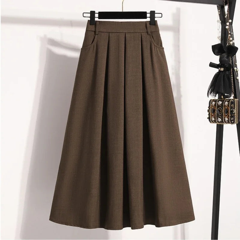 2025 Solid Color Versatile Medium Length Skirt Pleated Plus Size A-Line Maxi Gown Cover Hip Spring Summer New Half-length Skirt Dark Brown