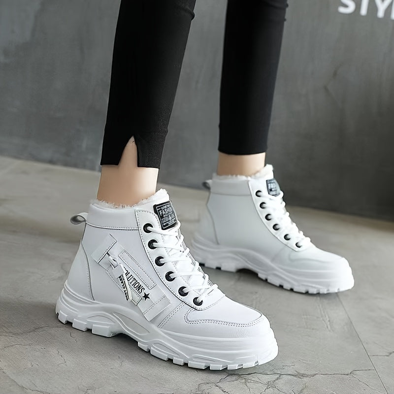 [Warm Fleece-Lined Winter Boots] Warm Fleece-Lined Women's Winter High-Top Boots - Thick Rubber Sole, Lace-Up Casual Style, White & Beige, Perfect for Cold Weather Comfort Badiee Stylez